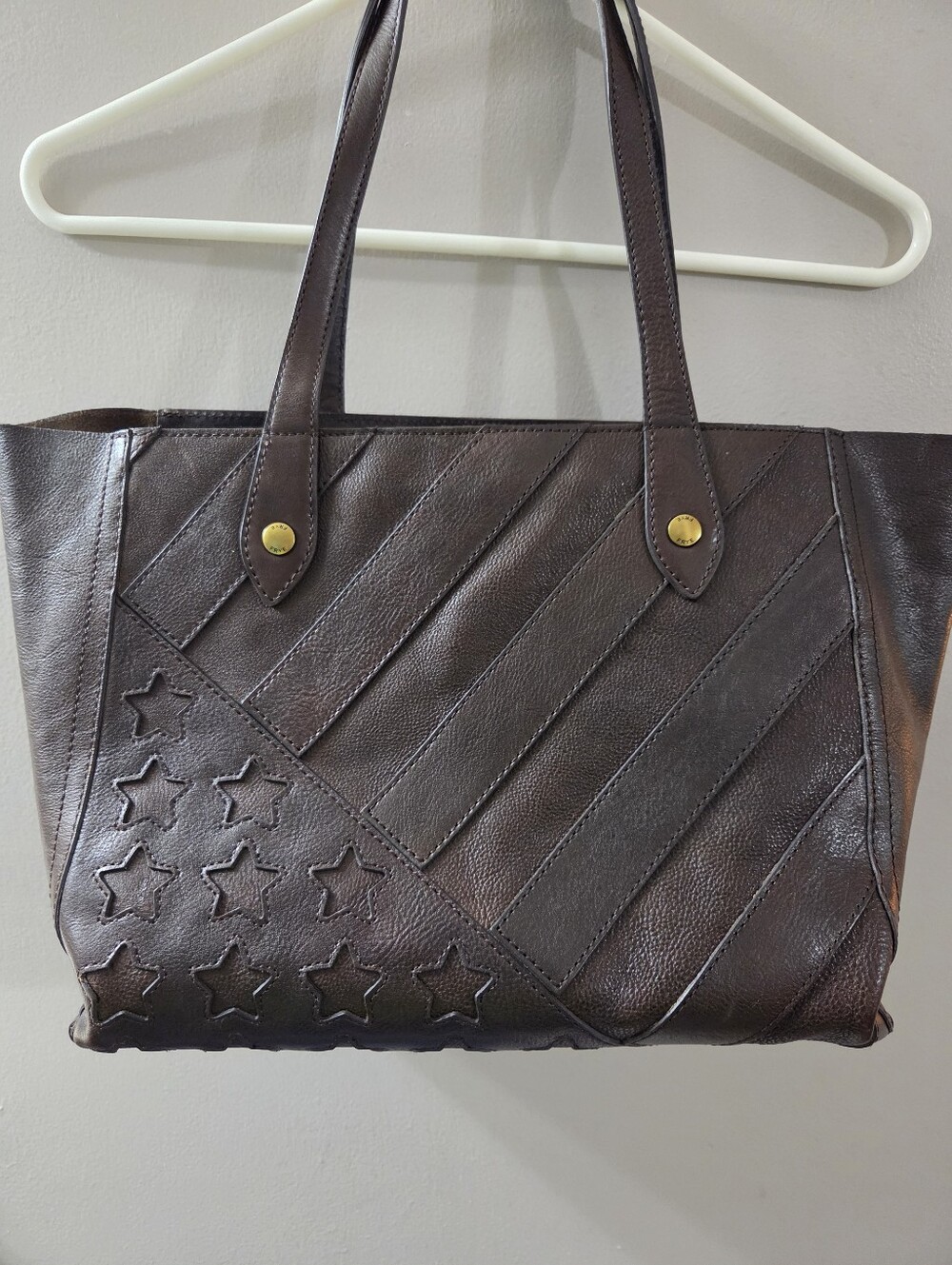 Frye Unique Chic Women's Brown Leather Tote Bag with Stars And Stripes Accents.